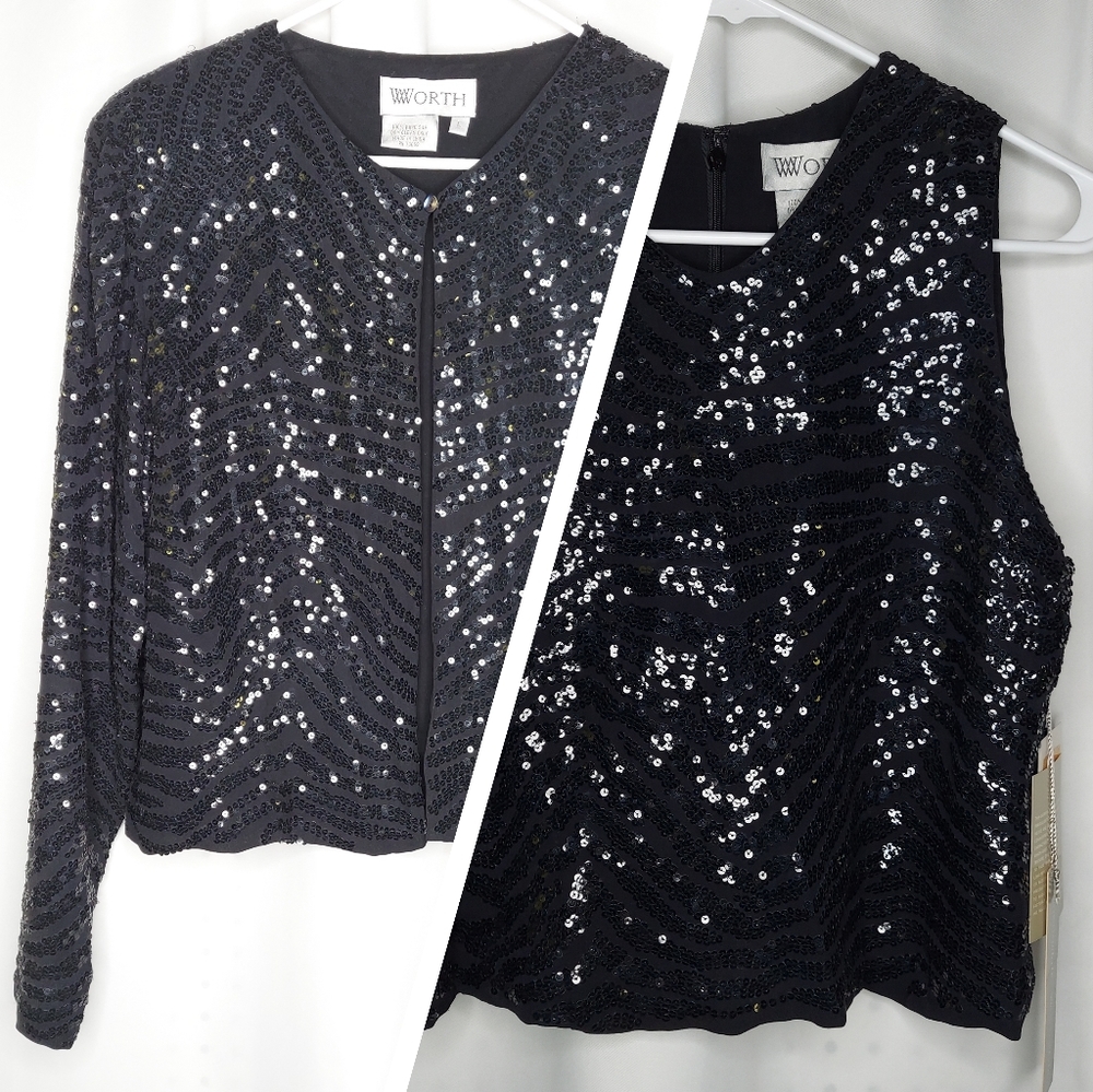 Worth 90s Silk Cardigan Tank Set Women Large Sequin Old Money Luxury Holiday